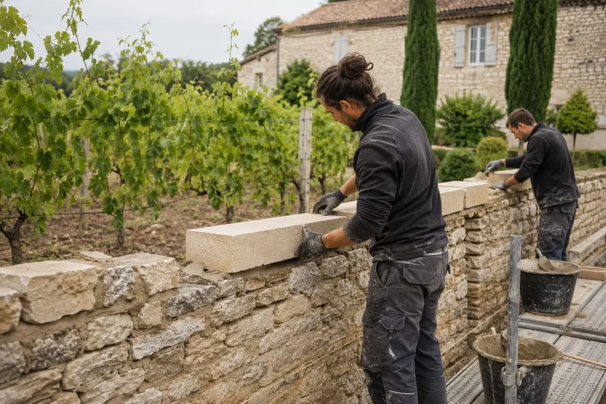Artisans Epinette montant un mur en pierre naturelle au cœur des vignes de Gironde
