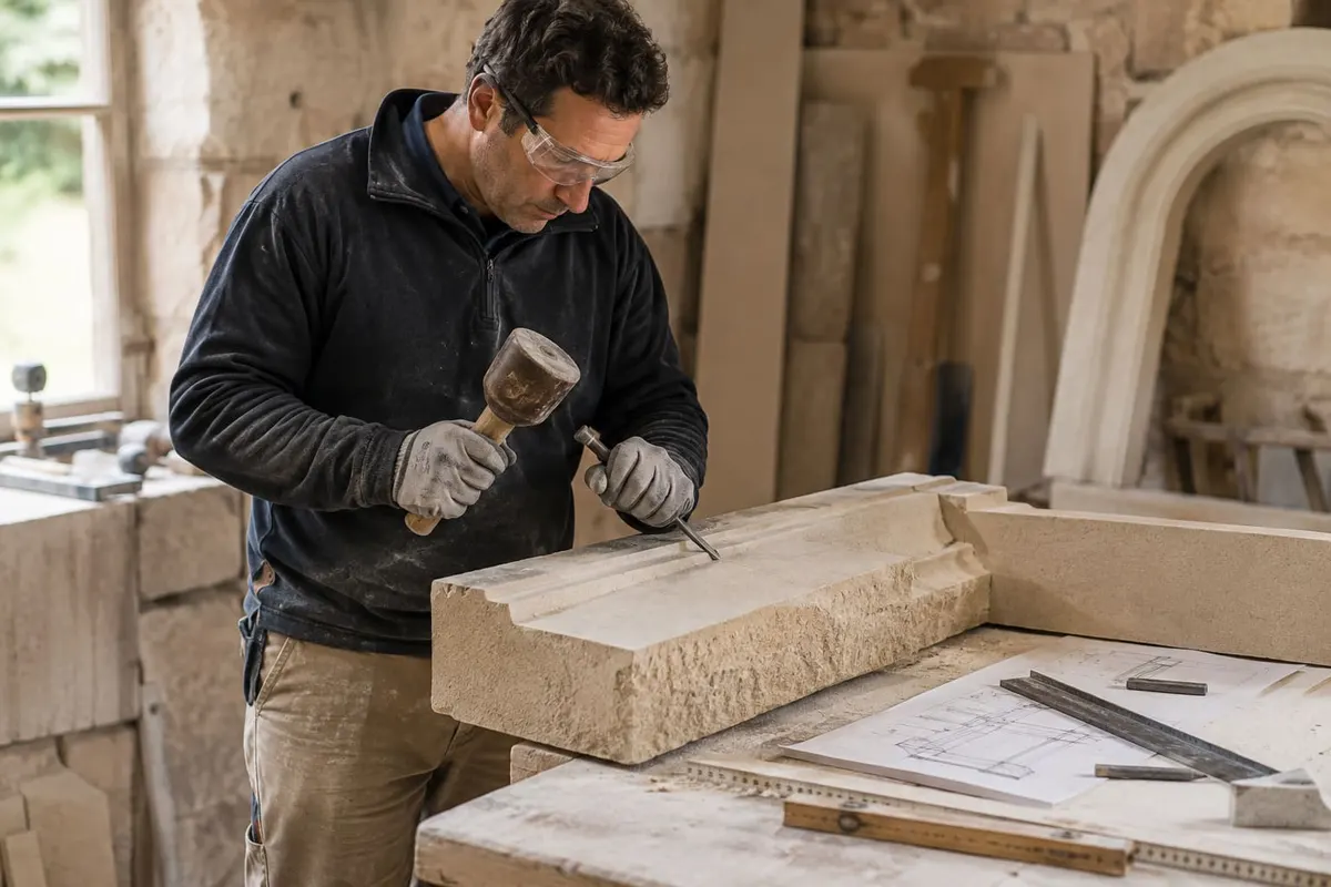 Tailleur de pierre Epinette façonnant un bloc calcaire en atelier